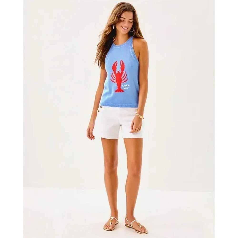 Lilly Pulitzer Sweater Tank Womens Size L Jacarda Blue Lobster Graphic Halter - Picture 3 of 7